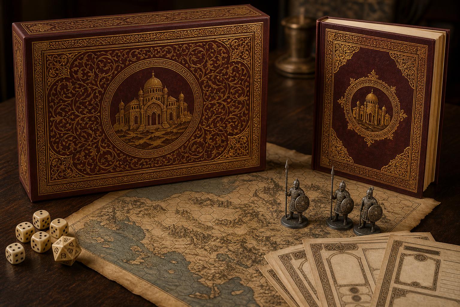 Children of New Rome: Tabletop Edition boxed set: lid art, rulebook, dice, character sheets, hex map and lead figurines on a wooden table
