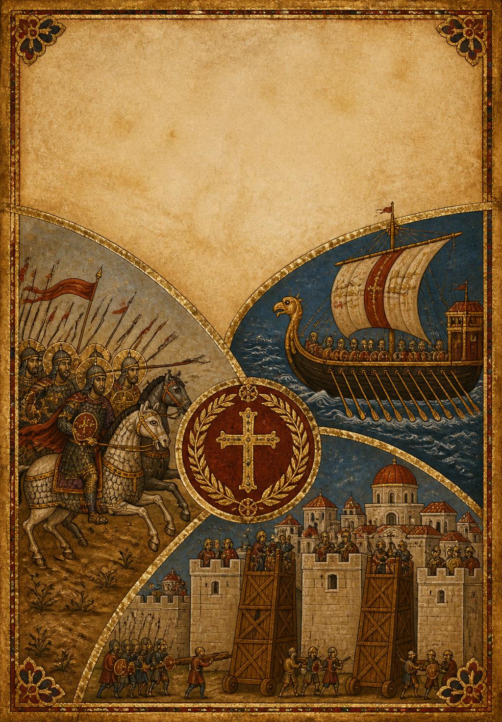 Battle Groups cover — Byzantine kataphraktoi, a fortified city, and a dromon galley arranged around a gold-and-laurel cross medallion
