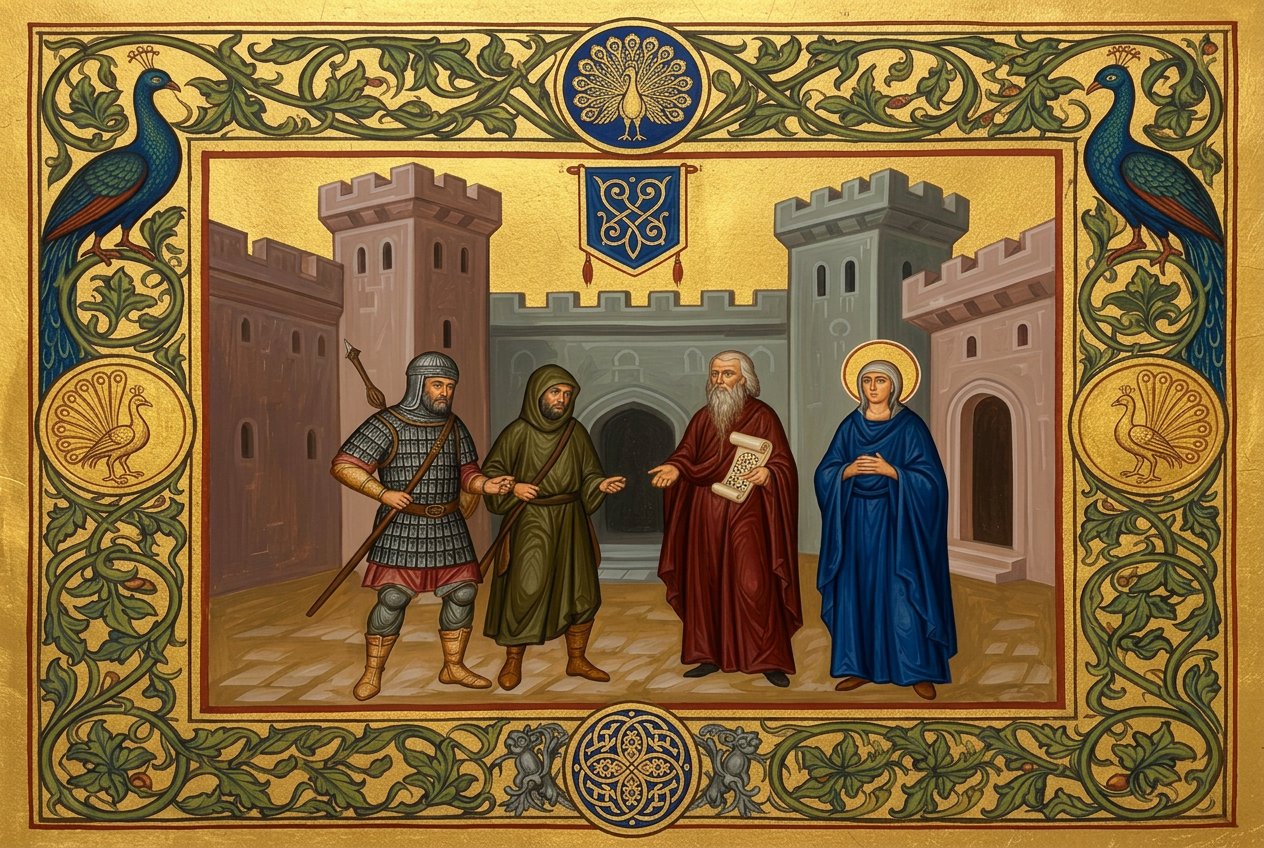 A Byzantine-illumination-style portrait of a soldier, priest, Syrian guard, and village healer